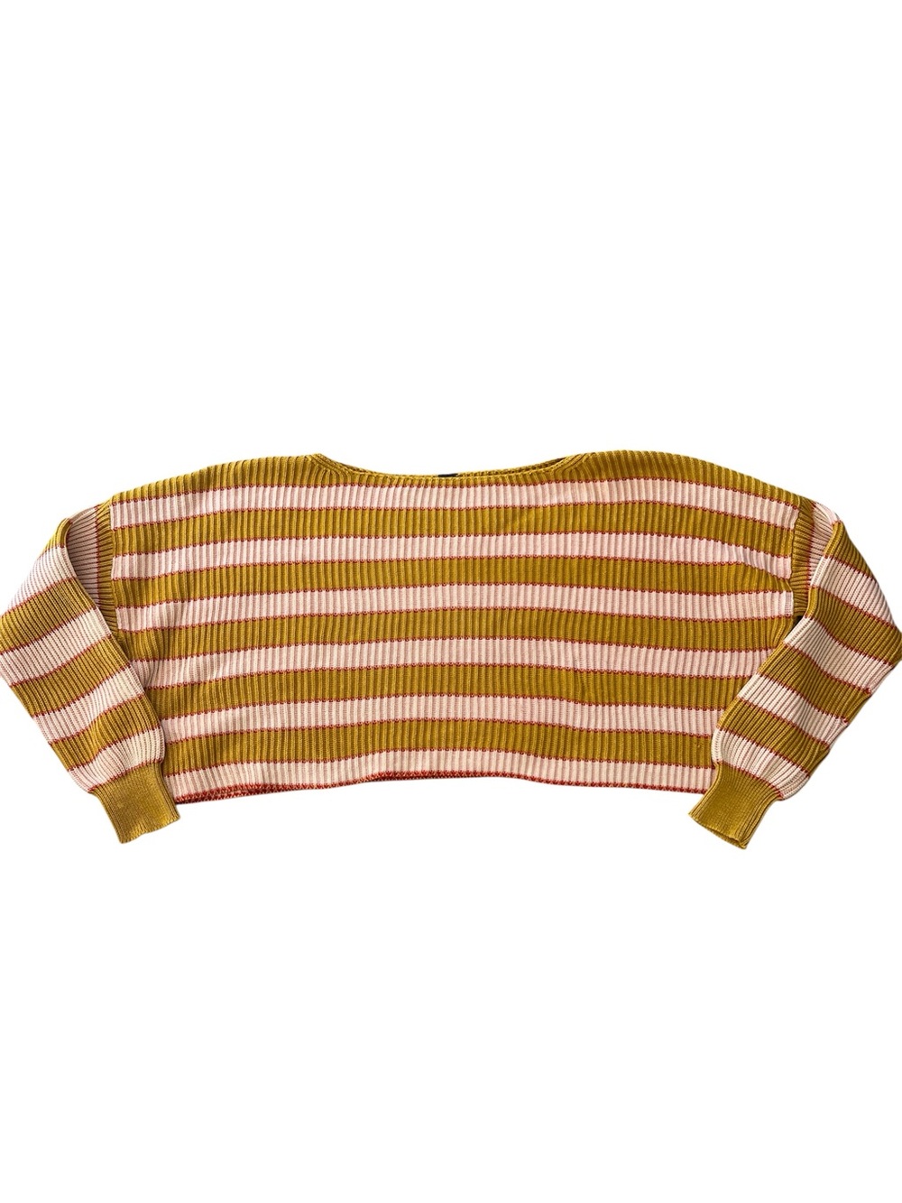 Free People Mustard Yellow/Pink Oversized Striped Cropped Sweater